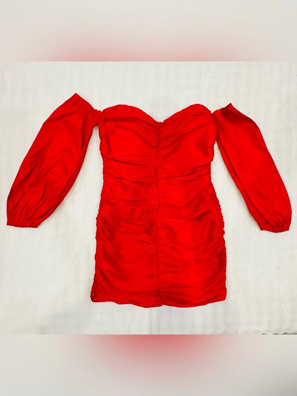 Red Off-Shoulder Ruched Mini Dress - Picture 1 of 5